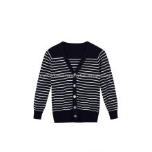 Boy's Knitted Buttoned White Black Stripe School Cardigan